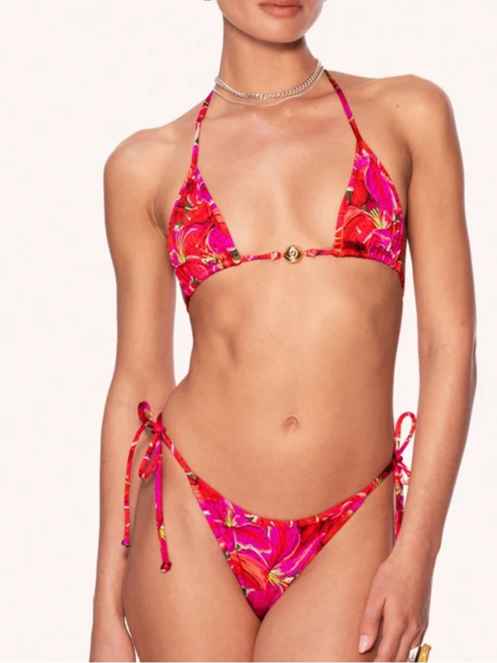 Reina Olga Floral Tie-Side Bikini in Pink & Red Like New Size XS